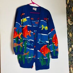 Vintage PBJ Sport fishy undersea knit cardigan Sz M colorful Grannycore